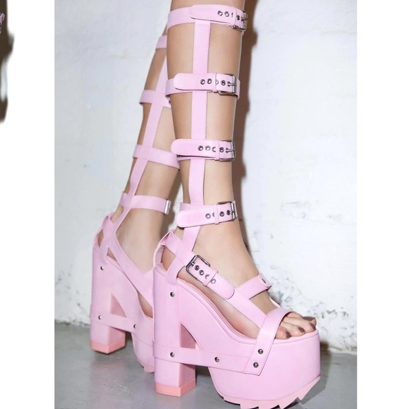 Dolls Kill Shoes - Y.r.u Baby Nightcall Hi Platform Heels pink buckled straps bondage y2k dollskill